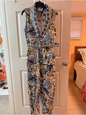 FARM Rio Blue, Green & Red Tropical Bird Print Sleeveless Jumpsuit with Belt